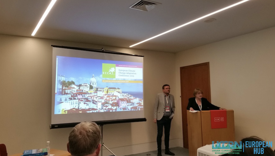 Dr. Pacteau (right) addresses a room of experts at the 4th European Climate Change Adaptation conference (ECCA) in Lisbon, 2019 (Source: Source: UCCRN European Hub Multimedia, http://www.uccrn-europe.org/lisbon-may-28-2019).