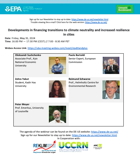 Poster for the upcoming EPA-Umweltbundesamt webinar featuring the coordinating lead authors of ARC3.3's Financing Climate Action Element. 