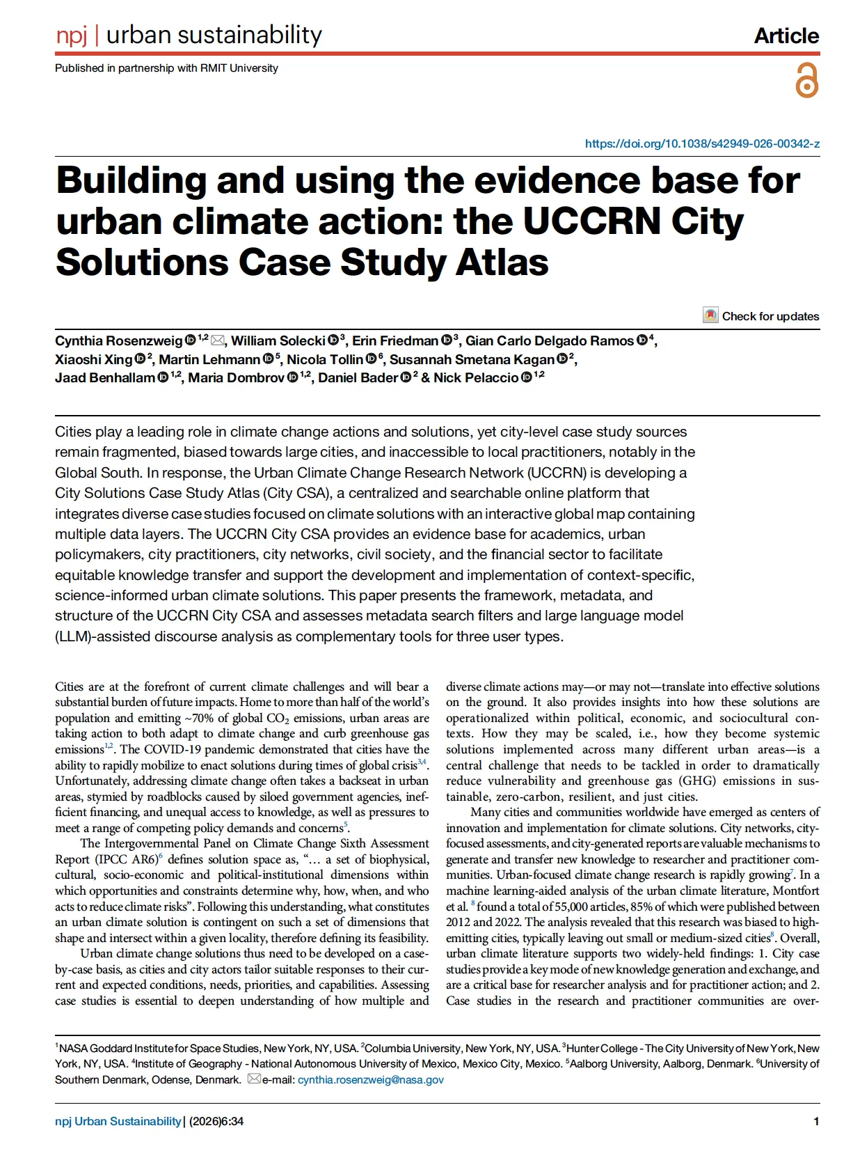 Building and using the evidence base for urban climate action: the UCCRN City Solutions Case Study Atlas